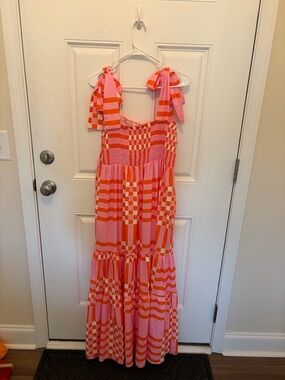 Pink & Orange Checkerboard Tie-Strap Maxi Dress